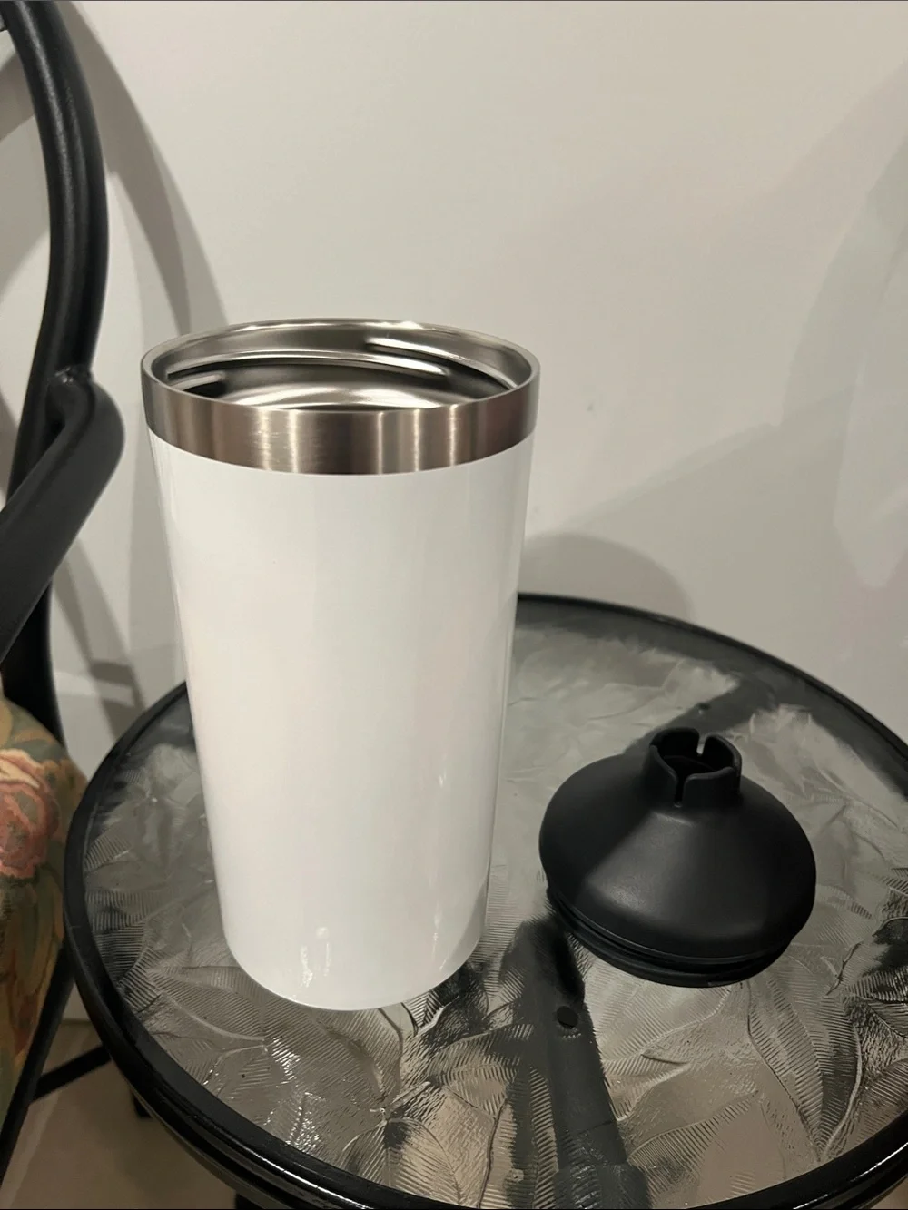 Wine Bottle Cooler-White Stainless Travel Tumbler with Black Lid